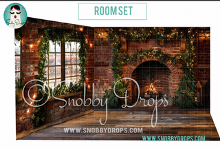 Red Brick and Garland Christmas 3 Piece Room Set-Photography Backdrop 3P Room Set-Snobby Drops Fabric Backdrops for Photography, Exclusive Designs by Tara Mapes Photography, Enchanted Eye Creations by Tara Mapes, photography backgrounds, photography backdrops, fast shipping, US backdrops, cheap photography backdrops