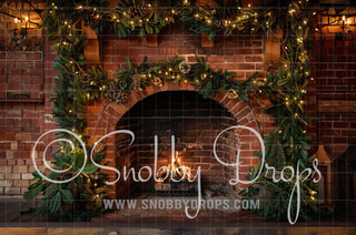 Red Brick Garland Christmas Fireplace Fabric Backdrop-Fabric Photography Backdrop-Snobby Drops Fabric Backdrops for Photography, Exclusive Designs by Tara Mapes Photography, Enchanted Eye Creations by Tara Mapes, photography backgrounds, photography backdrops, fast shipping, US backdrops, cheap photography backdrops