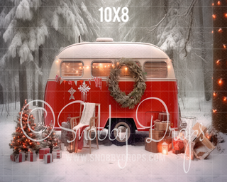 Red Christmas Camper Fabric Backdrop-Fabric Photography Backdrop-Snobby Drops Fabric Backdrops for Photography, Exclusive Designs by Tara Mapes Photography, Enchanted Eye Creations by Tara Mapes, photography backgrounds, photography backdrops, fast shipping, US backdrops, cheap photography backdrops