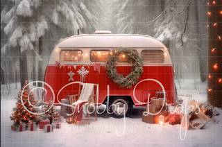 Red Christmas Camper Fabric Backdrop-Fabric Photography Backdrop-Snobby Drops Fabric Backdrops for Photography, Exclusive Designs by Tara Mapes Photography, Enchanted Eye Creations by Tara Mapes, photography backgrounds, photography backdrops, fast shipping, US backdrops, cheap photography backdrops