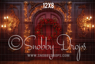 Red Christmas Door Fabric Backdrop-Fabric Photography Backdrop-Snobby Drops Fabric Backdrops for Photography, Exclusive Designs by Tara Mapes Photography, Enchanted Eye Creations by Tara Mapes, photography backgrounds, photography backdrops, fast shipping, US backdrops, cheap photography backdrops