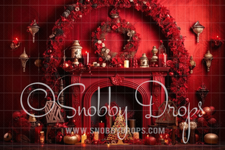 Red Christmas Fireplace Fabric Backdrop-Fabric Photography Backdrop-Snobby Drops Fabric Backdrops for Photography, Exclusive Designs by Tara Mapes Photography, Enchanted Eye Creations by Tara Mapes, photography backgrounds, photography backdrops, fast shipping, US backdrops, cheap photography backdrops