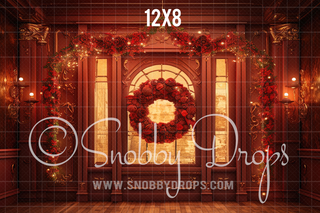 Red Christmas Foyer Fabric Backdrop-Fabric Photography Backdrop-Snobby Drops Fabric Backdrops for Photography, Exclusive Designs by Tara Mapes Photography, Enchanted Eye Creations by Tara Mapes, photography backgrounds, photography backdrops, fast shipping, US backdrops, cheap photography backdrops