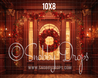 Red Christmas Foyer Fabric Backdrop-Fabric Photography Backdrop-Snobby Drops Fabric Backdrops for Photography, Exclusive Designs by Tara Mapes Photography, Enchanted Eye Creations by Tara Mapes, photography backgrounds, photography backdrops, fast shipping, US backdrops, cheap photography backdrops