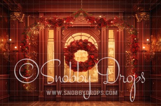 Red Christmas Foyer Fabric Backdrop-Fabric Photography Backdrop-Snobby Drops Fabric Backdrops for Photography, Exclusive Designs by Tara Mapes Photography, Enchanted Eye Creations by Tara Mapes, photography backgrounds, photography backdrops, fast shipping, US backdrops, cheap photography backdrops