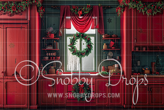 Red Christmas Kitchen Christmas Fabric Backdrop-Fabric Photography Backdrop-Snobby Drops Fabric Backdrops for Photography, Exclusive Designs by Tara Mapes Photography, Enchanted Eye Creations by Tara Mapes, photography backgrounds, photography backdrops, fast shipping, US backdrops, cheap photography backdrops