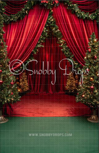 Red Curtain Christmas Trees Fine Art Fabric Backdrop Sweep-Fabric Photography Sweep-Snobby Drops Fabric Backdrops for Photography, Exclusive Designs by Tara Mapes Photography, Enchanted Eye Creations by Tara Mapes, photography backgrounds, photography backdrops, fast shipping, US backdrops, cheap photography backdrops