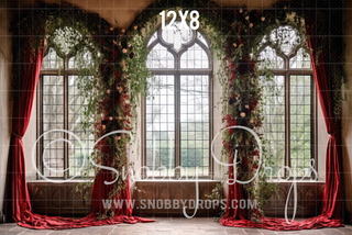 Red Garland Christmas Window Fabric Backdrop-Fabric Photography Backdrop-Snobby Drops Fabric Backdrops for Photography, Exclusive Designs by Tara Mapes Photography, Enchanted Eye Creations by Tara Mapes, photography backgrounds, photography backdrops, fast shipping, US backdrops, cheap photography backdrops