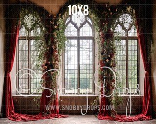 Red Garland Christmas Window Fabric Backdrop-Fabric Photography Backdrop-Snobby Drops Fabric Backdrops for Photography, Exclusive Designs by Tara Mapes Photography, Enchanted Eye Creations by Tara Mapes, photography backgrounds, photography backdrops, fast shipping, US backdrops, cheap photography backdrops