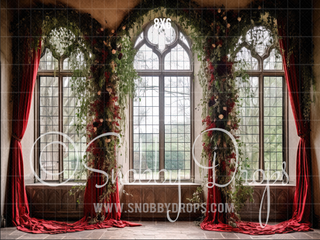 Red Garland Christmas Window Fabric Backdrop-Fabric Photography Backdrop-Snobby Drops Fabric Backdrops for Photography, Exclusive Designs by Tara Mapes Photography, Enchanted Eye Creations by Tara Mapes, photography backgrounds, photography backdrops, fast shipping, US backdrops, cheap photography backdrops