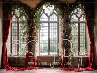 Red Garland Christmas Window Fabric Backdrop-Fabric Photography Backdrop-Snobby Drops Fabric Backdrops for Photography, Exclusive Designs by Tara Mapes Photography, Enchanted Eye Creations by Tara Mapes, photography backgrounds, photography backdrops, fast shipping, US backdrops, cheap photography backdrops