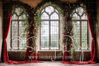 Red Garland Christmas Window Fabric Backdrop-Fabric Photography Backdrop-Snobby Drops Fabric Backdrops for Photography, Exclusive Designs by Tara Mapes Photography, Enchanted Eye Creations by Tara Mapes, photography backgrounds, photography backdrops, fast shipping, US backdrops, cheap photography backdrops