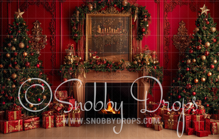 Red Ornate Christmas Room Fabric Backdrop-Fabric Photography Backdrop-Snobby Drops Fabric Backdrops for Photography, Exclusive Designs by Tara Mapes Photography, Enchanted Eye Creations by Tara Mapes, photography backgrounds, photography backdrops, fast shipping, US backdrops, cheap photography backdrops