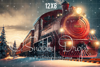 Red Santa Express Christmas Train Fabric Backdrop-Fabric Photography Backdrop-Snobby Drops Fabric Backdrops for Photography, Exclusive Designs by Tara Mapes Photography, Enchanted Eye Creations by Tara Mapes, photography backgrounds, photography backdrops, fast shipping, US backdrops, cheap photography backdrops