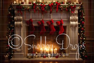 Red Stockings Christmas Fireplace Fabric Backdrop-Fabric Photography Backdrop-Snobby Drops Fabric Backdrops for Photography, Exclusive Designs by Tara Mapes Photography, Enchanted Eye Creations by Tara Mapes, photography backgrounds, photography backdrops, fast shipping, US backdrops, cheap photography backdrops