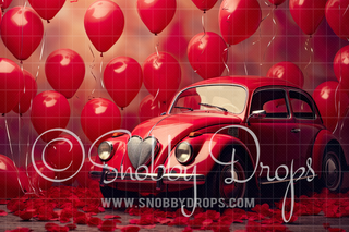 Red Valentine Love Bug Car Fabric Backdrop-Fabric Photography Backdrop-Snobby Drops Fabric Backdrops for Photography, Exclusive Designs by Tara Mapes Photography, Enchanted Eye Creations by Tara Mapes, photography backgrounds, photography backdrops, fast shipping, US backdrops, cheap photography backdrops