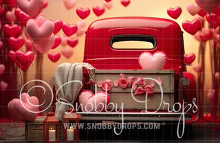 Red Valentine Truck Valentine Fabric Backdrop-Fabric Photography Backdrop-Snobby Drops Fabric Backdrops for Photography, Exclusive Designs by Tara Mapes Photography, Enchanted Eye Creations by Tara Mapes, photography backgrounds, photography backdrops, fast shipping, US backdrops, cheap photography backdrops