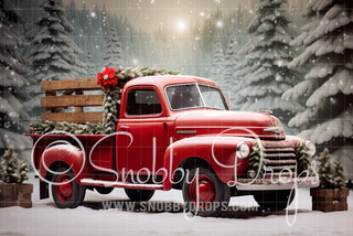 Red Vintage Christmas Truck Fabric Backdrop-Fabric Photography Backdrop-Snobby Drops Fabric Backdrops for Photography, Exclusive Designs by Tara Mapes Photography, Enchanted Eye Creations by Tara Mapes, photography backgrounds, photography backdrops, fast shipping, US backdrops, cheap photography backdrops