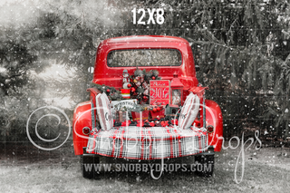 Red Vintage Christmas Truck Winter Fabric Backdrop-Fabric Photography Backdrop-Snobby Drops Fabric Backdrops for Photography, Exclusive Designs by Tara Mapes Photography, Enchanted Eye Creations by Tara Mapes, photography backgrounds, photography backdrops, fast shipping, US backdrops, cheap photography backdrops