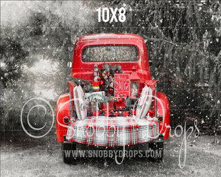 Red Vintage Christmas Truck Winter Fabric Backdrop-Fabric Photography Backdrop-Snobby Drops Fabric Backdrops for Photography, Exclusive Designs by Tara Mapes Photography, Enchanted Eye Creations by Tara Mapes, photography backgrounds, photography backdrops, fast shipping, US backdrops, cheap photography backdrops