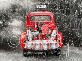 Red Vintage Christmas Truck Winter Fabric Backdrop-Fabric Photography Backdrop-Snobby Drops Fabric Backdrops for Photography, Exclusive Designs by Tara Mapes Photography, Enchanted Eye Creations by Tara Mapes, photography backgrounds, photography backdrops, fast shipping, US backdrops, cheap photography backdrops