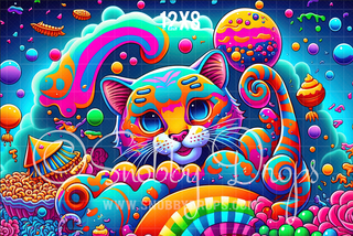 Retro Rainbow Cat Psychedelic Fabric Backdrop-Fabric Photography Backdrop-Snobby Drops Fabric Backdrops for Photography, Exclusive Designs by Tara Mapes Photography, Enchanted Eye Creations by Tara Mapes, photography backgrounds, photography backdrops, fast shipping, US backdrops, cheap photography backdrops