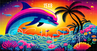 Retro Rainbow Dolphin Psychedelic Fabric Backdrop-Fabric Photography Backdrop-Snobby Drops Fabric Backdrops for Photography, Exclusive Designs by Tara Mapes Photography, Enchanted Eye Creations by Tara Mapes, photography backgrounds, photography backdrops, fast shipping, US backdrops, cheap photography backdrops