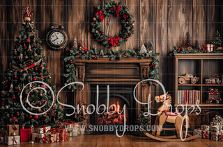 Rocking Horse by Christmas Fireplace Mantle Fabric Backdrop-Fabric Photography Backdrop-Snobby Drops Fabric Backdrops for Photography, Exclusive Designs by Tara Mapes Photography, Enchanted Eye Creations by Tara Mapes, photography backgrounds, photography backdrops, fast shipping, US backdrops, cheap photography backdrops