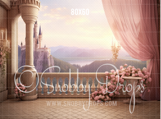 Royal Balcony With Castle Fabric Backdrop-Fabric Photography Backdrop-Snobby Drops Fabric Backdrops for Photography, Exclusive Designs by Tara Mapes Photography, Enchanted Eye Creations by Tara Mapes, photography backgrounds, photography backdrops, fast shipping, US backdrops, cheap photography backdrops