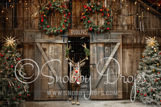 Rudolph's Barn Christmas Barn Fabric Backdrop-Fabric Photography Backdrop-Snobby Drops Fabric Backdrops for Photography, Exclusive Designs by Tara Mapes Photography, Enchanted Eye Creations by Tara Mapes, photography backgrounds, photography backdrops, fast shipping, US backdrops, cheap photography backdrops