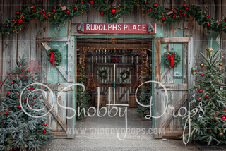 Rudolph's Place Christmas Barn Fabric Backdrop-Fabric Photography Backdrop-Snobby Drops Fabric Backdrops for Photography, Exclusive Designs by Tara Mapes Photography, Enchanted Eye Creations by Tara Mapes, photography backgrounds, photography backdrops, fast shipping, US backdrops, cheap photography backdrops