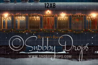 Rudolph's Railway Christmas Train Fabric Backdrop-Fabric Photography Backdrop-Snobby Drops Fabric Backdrops for Photography, Exclusive Designs by Tara Mapes Photography, Enchanted Eye Creations by Tara Mapes, photography backgrounds, photography backdrops, fast shipping, US backdrops, cheap photography backdrops