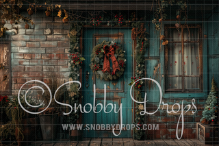 Rustic Blue Christmas Door Fabric Backdrop-Fabric Photography Backdrop-Snobby Drops Fabric Backdrops for Photography, Exclusive Designs by Tara Mapes Photography, Enchanted Eye Creations by Tara Mapes, photography backgrounds, photography backdrops, fast shipping, US backdrops, cheap photography backdrops