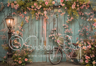 Rustic Blue Fence with Bicycle Spring Fabric Backdrop-Fabric Photography Backdrop-Snobby Drops Fabric Backdrops for Photography, Exclusive Designs by Tara Mapes Photography, Enchanted Eye Creations by Tara Mapes, photography backgrounds, photography backdrops, fast shipping, US backdrops, cheap photography backdrops