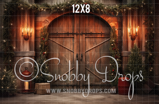 Rustic Christmas Barn Door Fabric Backdrop-Fabric Photography Backdrop-Snobby Drops Fabric Backdrops for Photography, Exclusive Designs by Tara Mapes Photography, Enchanted Eye Creations by Tara Mapes, photography backgrounds, photography backdrops, fast shipping, US backdrops, cheap photography backdrops