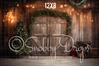 Rustic Christmas Barn Door Fabric Backdrop-Fabric Photography Backdrop-Snobby Drops Fabric Backdrops for Photography, Exclusive Designs by Tara Mapes Photography, Enchanted Eye Creations by Tara Mapes, photography backgrounds, photography backdrops, fast shipping, US backdrops, cheap photography backdrops