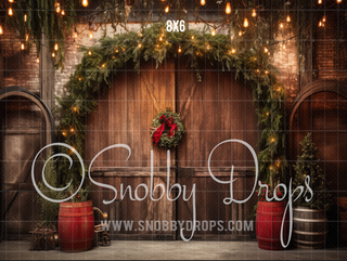 Rustic Christmas Barn Door Fabric Backdrop-Fabric Photography Backdrop-Snobby Drops Fabric Backdrops for Photography, Exclusive Designs by Tara Mapes Photography, Enchanted Eye Creations by Tara Mapes, photography backgrounds, photography backdrops, fast shipping, US backdrops, cheap photography backdrops