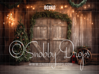 Rustic Christmas Barn Door Fabric Backdrop-Fabric Photography Backdrop-Snobby Drops Fabric Backdrops for Photography, Exclusive Designs by Tara Mapes Photography, Enchanted Eye Creations by Tara Mapes, photography backgrounds, photography backdrops, fast shipping, US backdrops, cheap photography backdrops