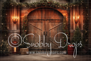 Rustic Christmas Barn Door Fabric Backdrop-Fabric Photography Backdrop-Snobby Drops Fabric Backdrops for Photography, Exclusive Designs by Tara Mapes Photography, Enchanted Eye Creations by Tara Mapes, photography backgrounds, photography backdrops, fast shipping, US backdrops, cheap photography backdrops