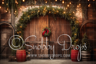 Rustic Christmas Barn Door Fabric Backdrop-Fabric Photography Backdrop-Snobby Drops Fabric Backdrops for Photography, Exclusive Designs by Tara Mapes Photography, Enchanted Eye Creations by Tara Mapes, photography backgrounds, photography backdrops, fast shipping, US backdrops, cheap photography backdrops