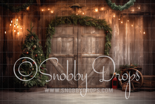 Rustic Christmas Barn Door Fabric Backdrop-Fabric Photography Backdrop-Snobby Drops Fabric Backdrops for Photography, Exclusive Designs by Tara Mapes Photography, Enchanted Eye Creations by Tara Mapes, photography backgrounds, photography backdrops, fast shipping, US backdrops, cheap photography backdrops