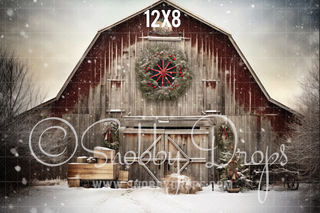 Rustic Christmas Barn Fabric Backdrop-Fabric Photography Backdrop-Snobby Drops Fabric Backdrops for Photography, Exclusive Designs by Tara Mapes Photography, Enchanted Eye Creations by Tara Mapes, photography backgrounds, photography backdrops, fast shipping, US backdrops, cheap photography backdrops