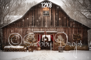 Rustic Christmas Barn Fabric Backdrop-Fabric Photography Backdrop-Snobby Drops Fabric Backdrops for Photography, Exclusive Designs by Tara Mapes Photography, Enchanted Eye Creations by Tara Mapes, photography backgrounds, photography backdrops, fast shipping, US backdrops, cheap photography backdrops