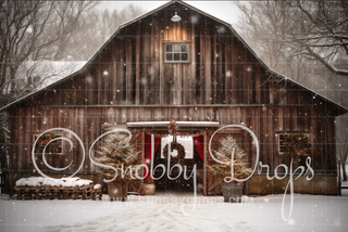 Rustic Christmas Barn Fabric Backdrop-Fabric Photography Backdrop-Snobby Drops Fabric Backdrops for Photography, Exclusive Designs by Tara Mapes Photography, Enchanted Eye Creations by Tara Mapes, photography backgrounds, photography backdrops, fast shipping, US backdrops, cheap photography backdrops