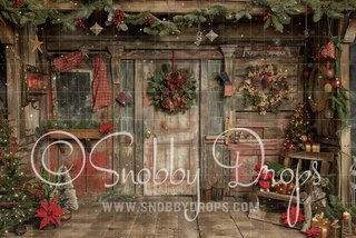 Rustic Christmas Cabin Facade Fabric Backdrop-Fabric Photography Backdrop-Snobby Drops Fabric Backdrops for Photography, Exclusive Designs by Tara Mapes Photography, Enchanted Eye Creations by Tara Mapes, photography backgrounds, photography backdrops, fast shipping, US backdrops, cheap photography backdrops