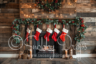 Rustic Christmas Fireplace Fabric Photography Backdrop-Fabric Photography Backdrop-Snobby Drops Fabric Backdrops for Photography, Exclusive Designs by Tara Mapes Photography, Enchanted Eye Creations by Tara Mapes, photography backgrounds, photography backdrops, fast shipping, US backdrops, cheap photography backdrops