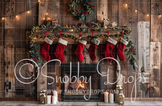 Rustic Christmas Fireplace Fabric Photography Backdrop-Fabric Photography Backdrop-Snobby Drops Fabric Backdrops for Photography, Exclusive Designs by Tara Mapes Photography, Enchanted Eye Creations by Tara Mapes, photography backgrounds, photography backdrops, fast shipping, US backdrops, cheap photography backdrops