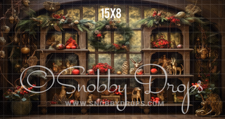 Rustic Christmas Shelves Fabric Backdrop-Fabric Photography Backdrop-Snobby Drops Fabric Backdrops for Photography, Exclusive Designs by Tara Mapes Photography, Enchanted Eye Creations by Tara Mapes, photography backgrounds, photography backdrops, fast shipping, US backdrops, cheap photography backdrops