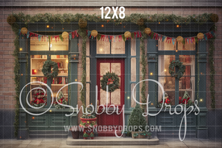 Rustic Christmas Shop Storefront Fabric Backdrop-Fabric Photography Backdrop-Snobby Drops Fabric Backdrops for Photography, Exclusive Designs by Tara Mapes Photography, Enchanted Eye Creations by Tara Mapes, photography backgrounds, photography backdrops, fast shipping, US backdrops, cheap photography backdrops