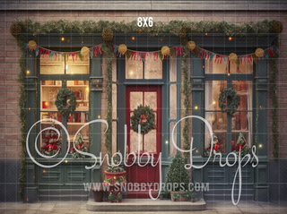 Rustic Christmas Shop Storefront Fabric Backdrop-Fabric Photography Backdrop-Snobby Drops Fabric Backdrops for Photography, Exclusive Designs by Tara Mapes Photography, Enchanted Eye Creations by Tara Mapes, photography backgrounds, photography backdrops, fast shipping, US backdrops, cheap photography backdrops